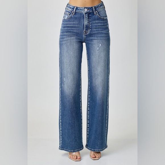 RISEN High-Rise Waist Straight Leg Mom Jeans Relaxed Fit Distressed Denim Pants - Picture 3 of 15